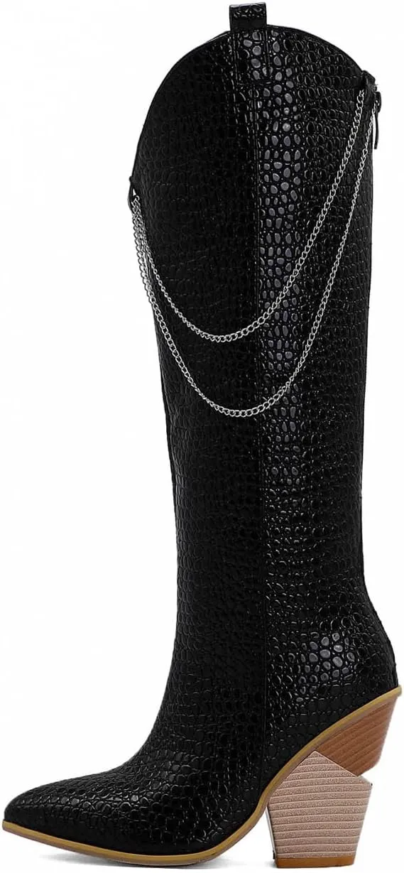 oiangi Womens Snake Print Western Boots - Fashion Back Zipper Metal Chain Chunky High Heel Mid Calf Boots Casual Trendy Stacked Heel Leather Shoes