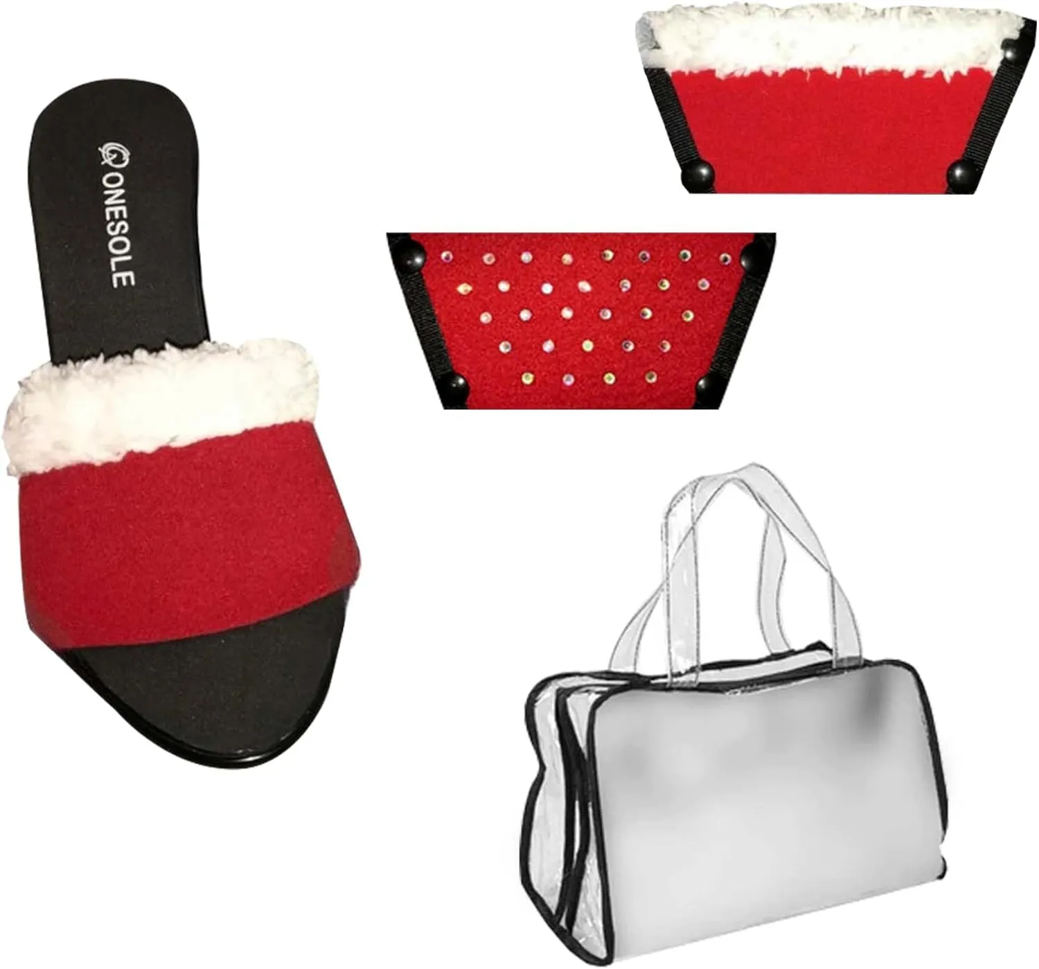 Onesole Chic Heel Holiday Kit, 3.5 Inch wedge lightweight Shoes, Interchangeable Santa Furry holiday and Solid red neoprene comfy Tops, women's wedge Sandals, As Seen on Shark Tank (Size 11)