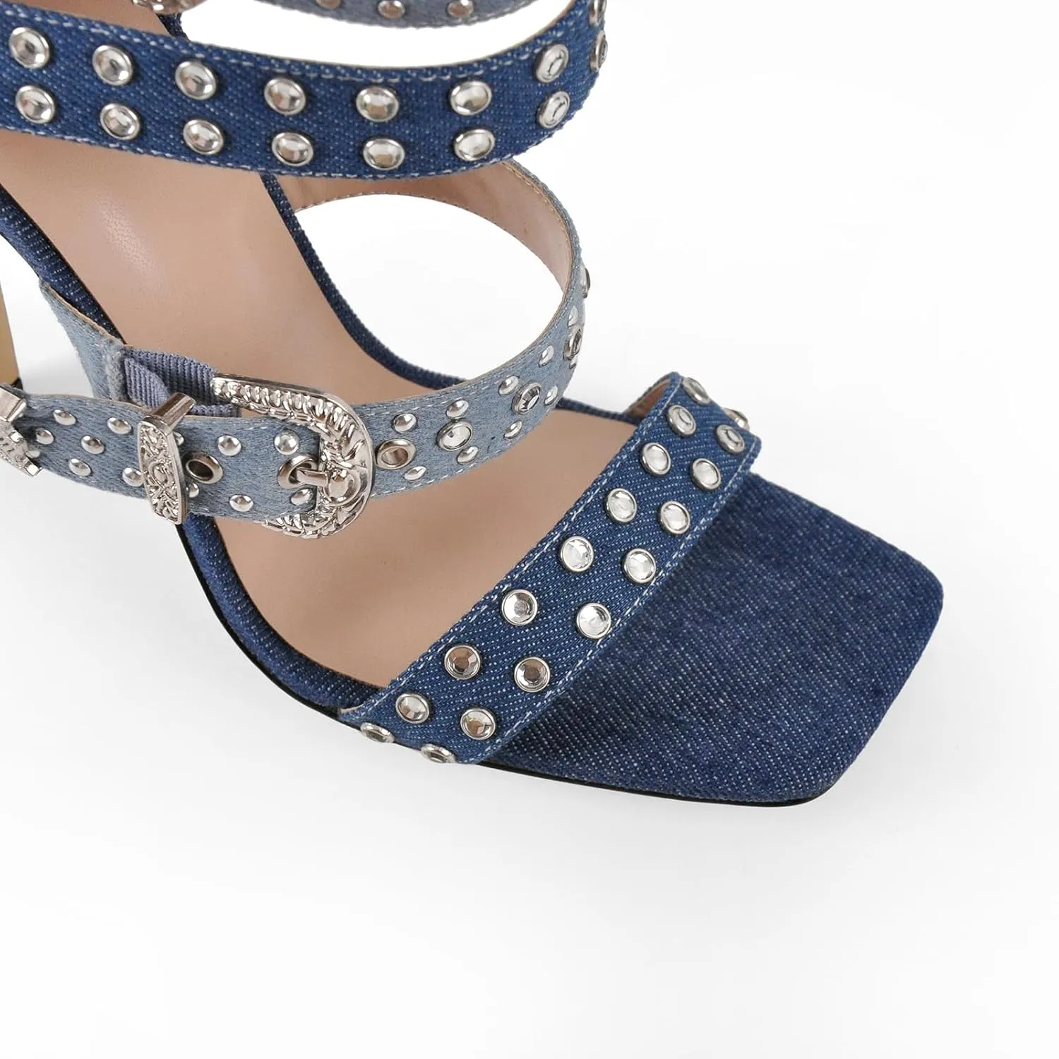 onlymaker Square Toe Rhinestone Beaded Zip up Stiletto Heeled Sandals for Women Multi Rivet Studded Buckle Bands Summer Sandals