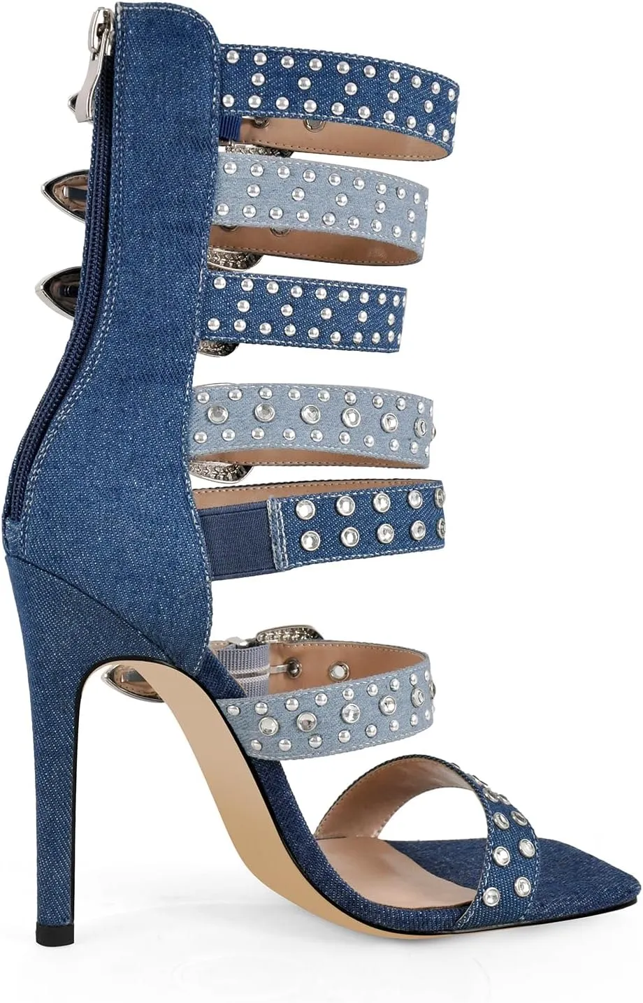 onlymaker Square Toe Rhinestone Beaded Zip up Stiletto Heeled Sandals for Women Multi Rivet Studded Buckle Bands Summer Sandals