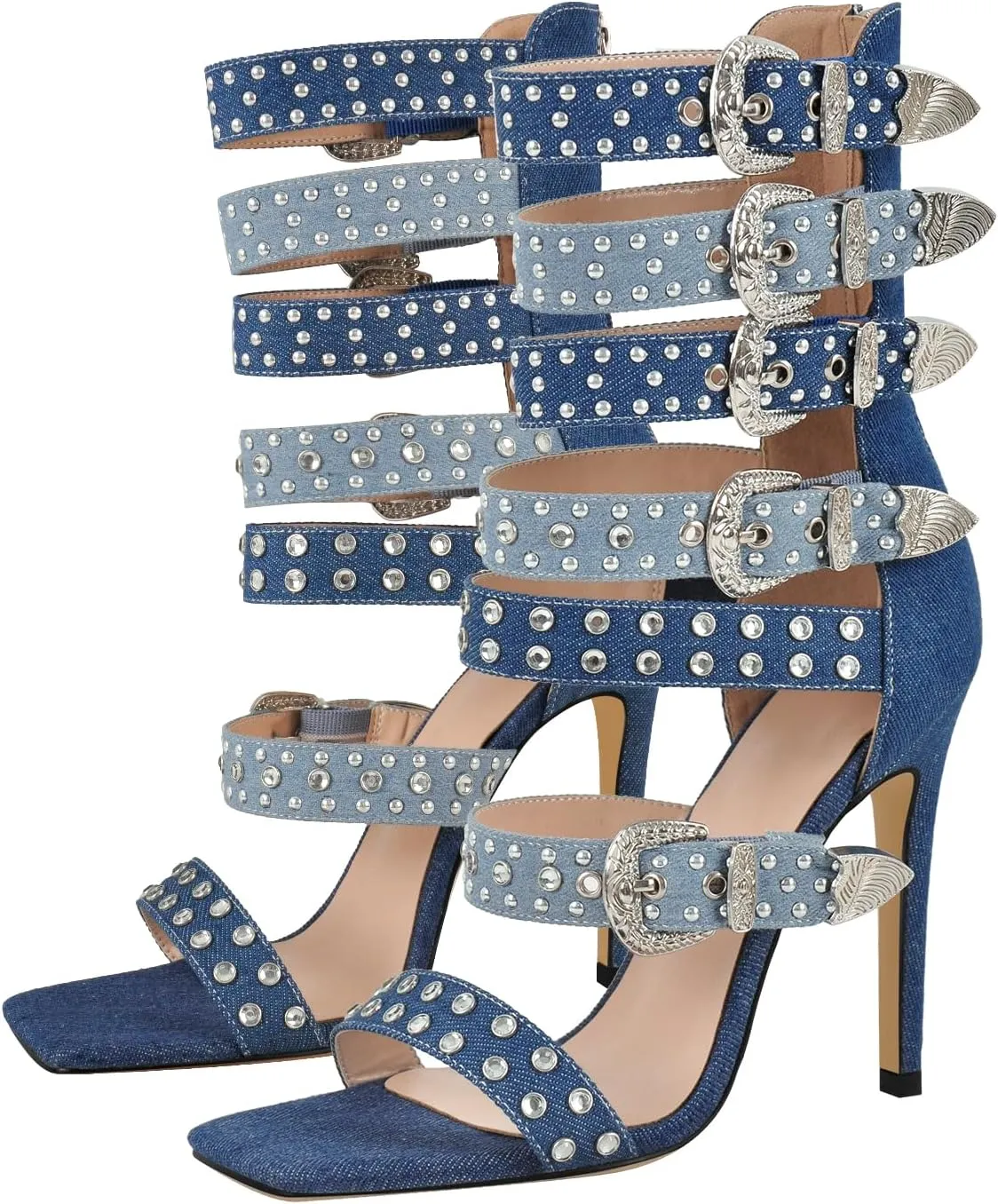 onlymaker Square Toe Rhinestone Beaded Zip up Stiletto Heeled Sandals for Women Multi Rivet Studded Buckle Bands Summer Sandals