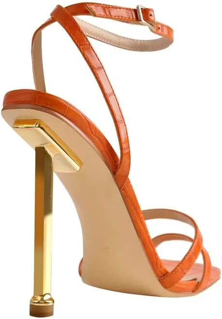 onlymaker Women's Fashion Square Toe Ankle Sandals Cross Buckle Strap Sexy Open-back Golden Stiletto High Heel Sandals