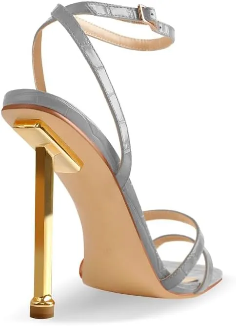 onlymaker Women's Fashion Square Toe Ankle Sandals Cross Buckle Strap Sexy Open-back Golden Stiletto High Heel Sandals