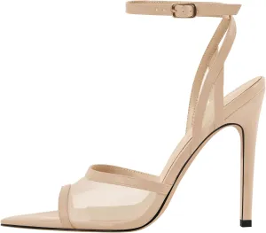 onlymaker Women's Sexy Peep Toe Fishnet Mesh Ankle Sandals Point Toe Cross Buckle Strappy Open-back Stiletto High Heel Sandals