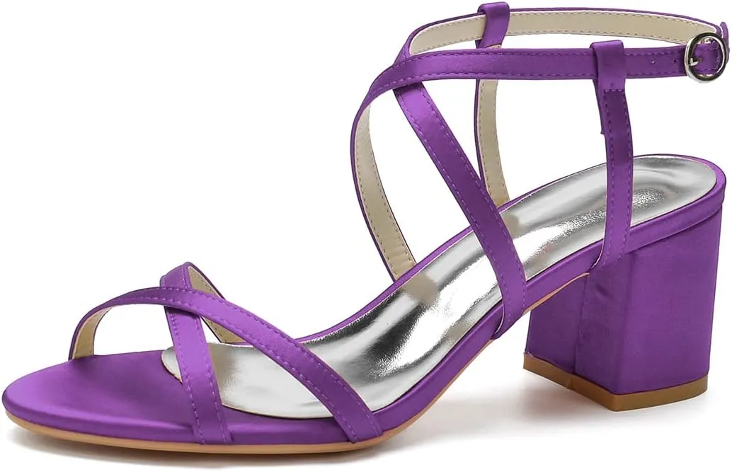 Open Toe Satin Strappy Block Heels Wedding Shoes for Bride Low Heels White Bridal Shoes Ankle Strap White Heels Prom Evening Party Dress Shoes Pumps for Women