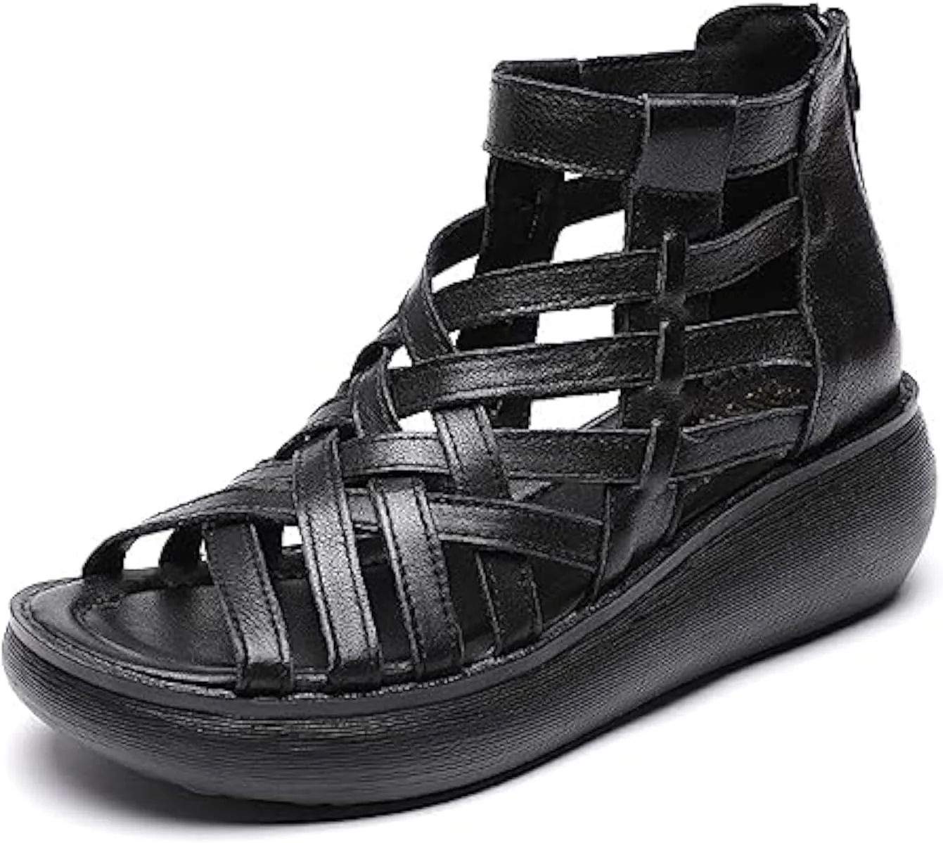 Optigard Women's High Top Leather Gladiator Wedge Sandals with Back Zipper Cut Out Breathable Platform Open Toe Roman Sandals Summer Casual Non-Slip Walking Beach Sandals