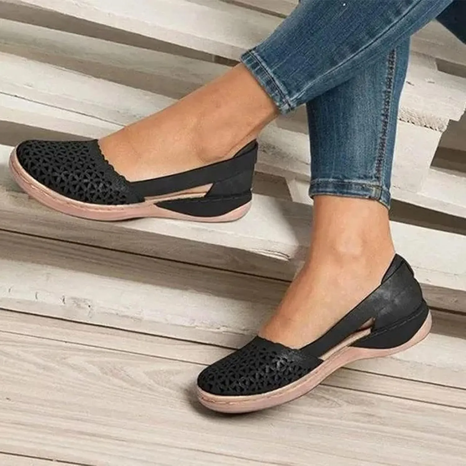 Orthopedic Sandals for Women Fashion Hollow Out Wedge Sandals Summer Comfortable Closed Toe Low Heel Flat Shoes Plus Size Breathable Casual Outdoor Shoes