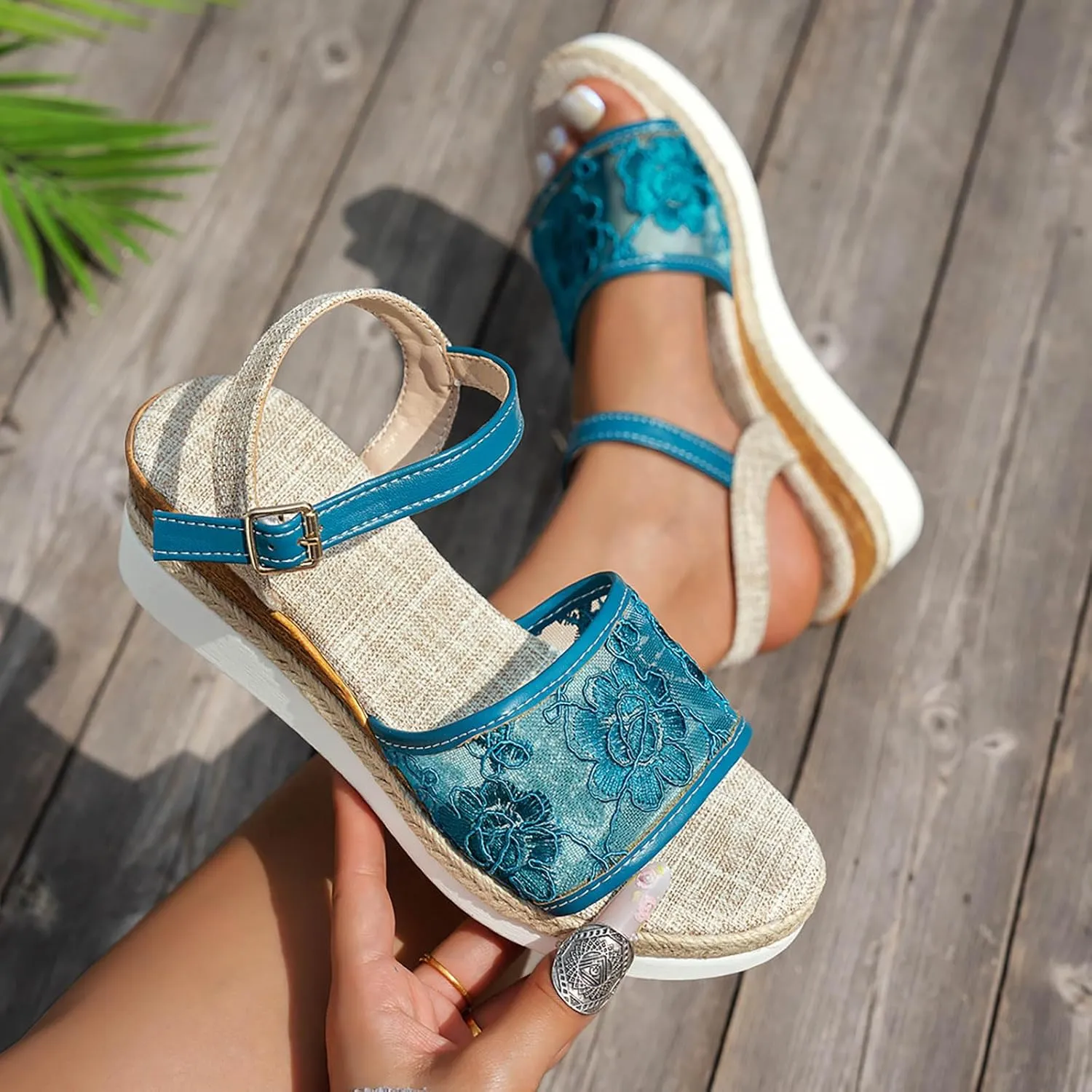 Orthopedic Wedge Sandals For Women Dressy Embroidered Summer Womens Espadrilles Wedges Sandals Comfortable Walking Heels Open Toe Platform Buckle Ankle Strap Casual Beach Shoes 2025 Vacation