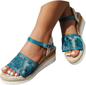 Orthopedic Wedge Sandals For Women Dressy Embroidered Summer Womens Espadrilles Wedges Sandals Comfortable Walking Heels Open Toe Platform Buckle Ankle Strap Casual Beach Shoes 2025 Vacation