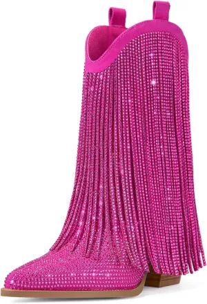 Ouepiano Cowboy Boots for Women - Cowgirl Rhinestone Boots with Sparkly Fringe Pointed Toe Western Boot Chunky Heel Pull-On Wide Calf Botas Vaqueras