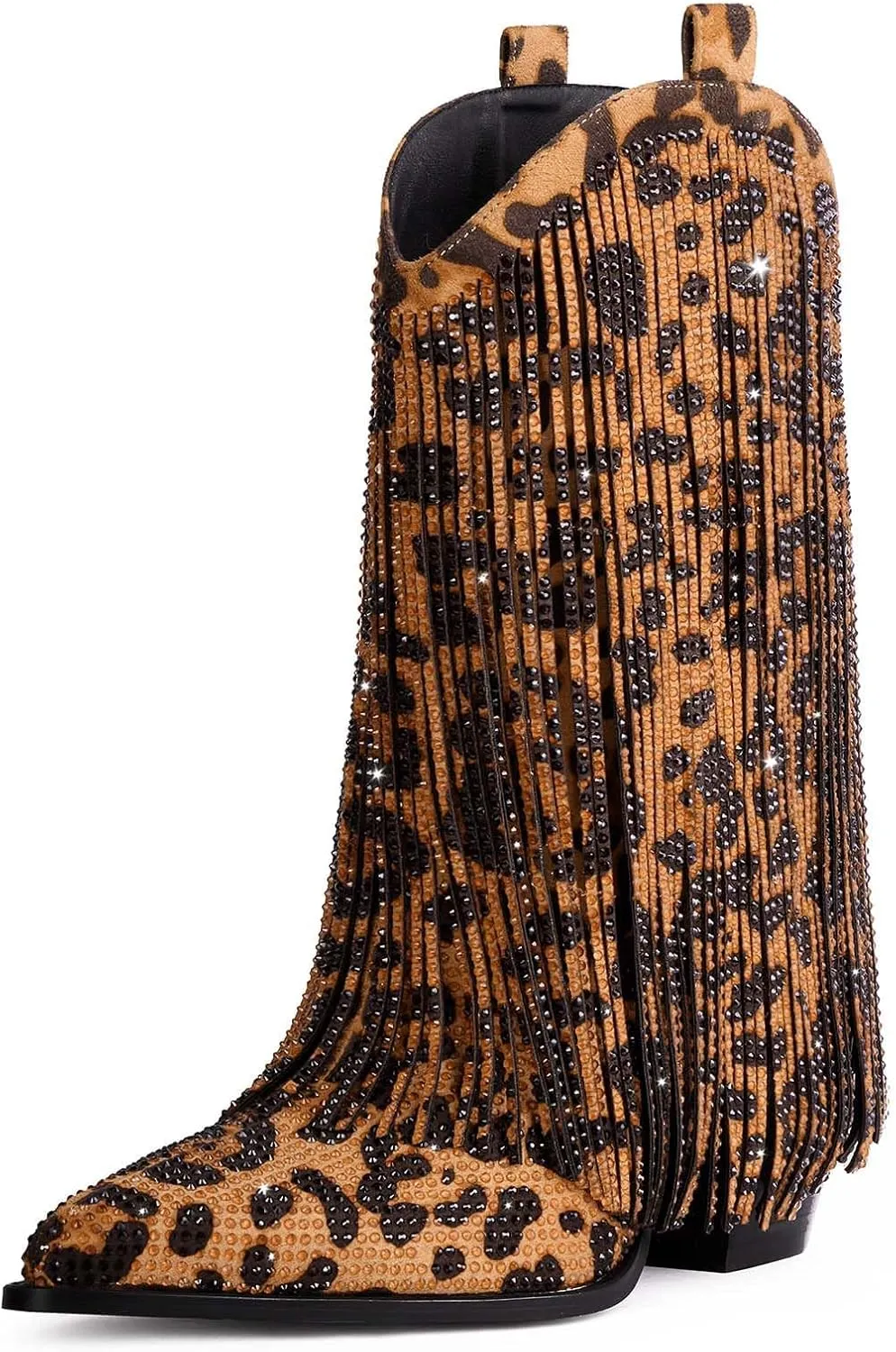 Ouepiano Cowboy Boots for Women - Cowgirl Rhinestone Boots with Sparkly Fringe Pointed Toe Western Boot Chunky Heel Pull-On Wide Calf Botas Vaqueras