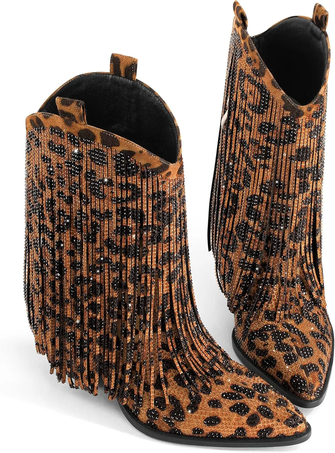 Ouepiano Cowboy Boots for Women - Cowgirl Rhinestone Boots with Sparkly Fringe Pointed Toe Western Boot Chunky Heel Pull-On Wide Calf Botas Vaqueras