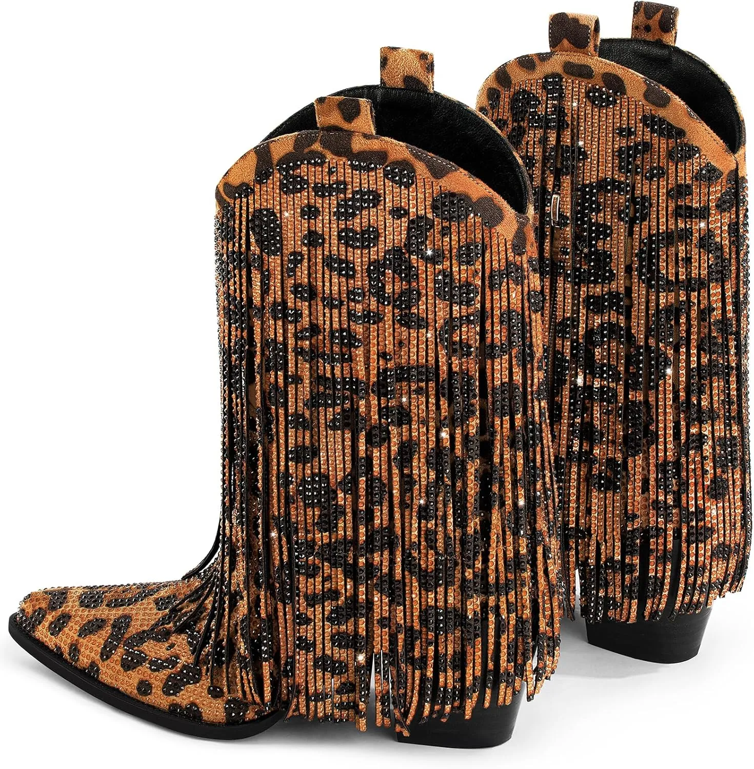 Ouepiano Cowboy Boots for Women - Cowgirl Rhinestone Boots with Sparkly Fringe Pointed Toe Western Boot Chunky Heel Pull-On Wide Calf Botas Vaqueras