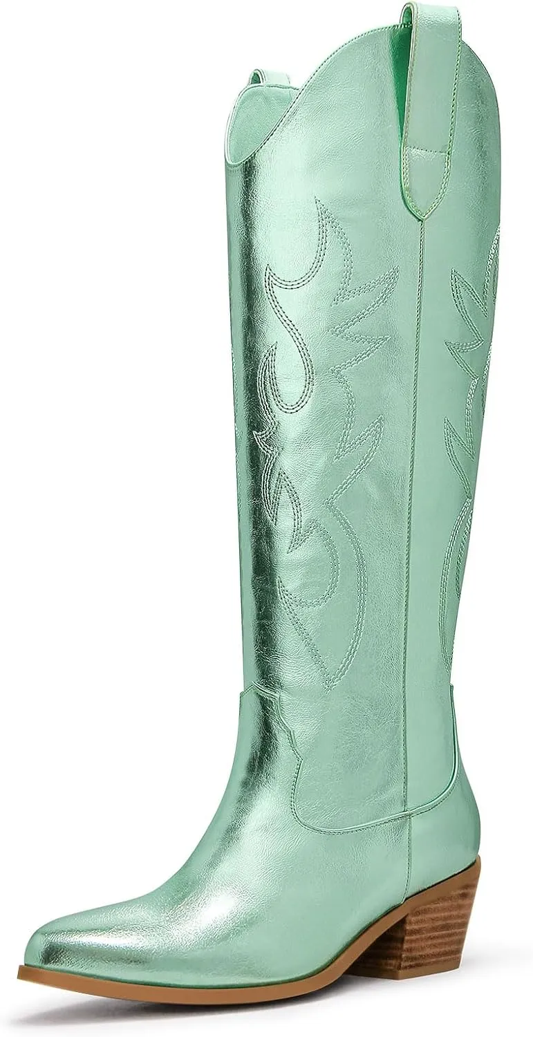 Ouepiano Cowboy Boots for Women Knee High Cowgirl Boots Embroidered Chunky Heels Pointed Toe Long Tall Western Boot Pull On