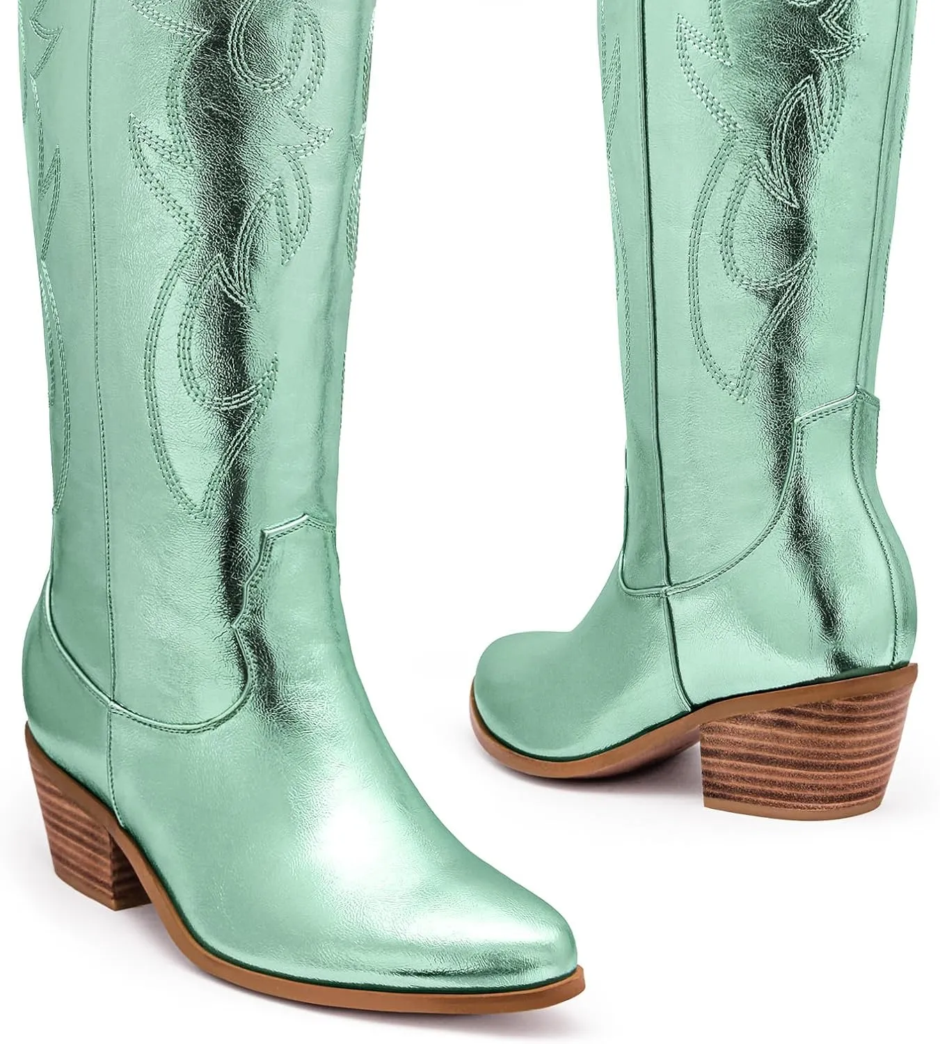 Ouepiano Cowboy Boots for Women Knee High Cowgirl Boots Embroidered Chunky Heels Pointed Toe Long Tall Western Boot Pull On