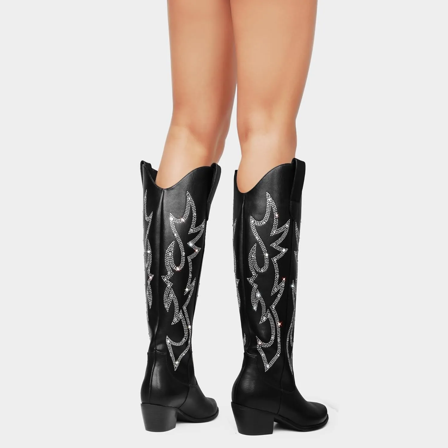 Ouepiano Cowboy Boots for Women Knee High Cowgirl Boots Embroidered Chunky Heels Pointed Toe Long Tall Western Boot Pull On