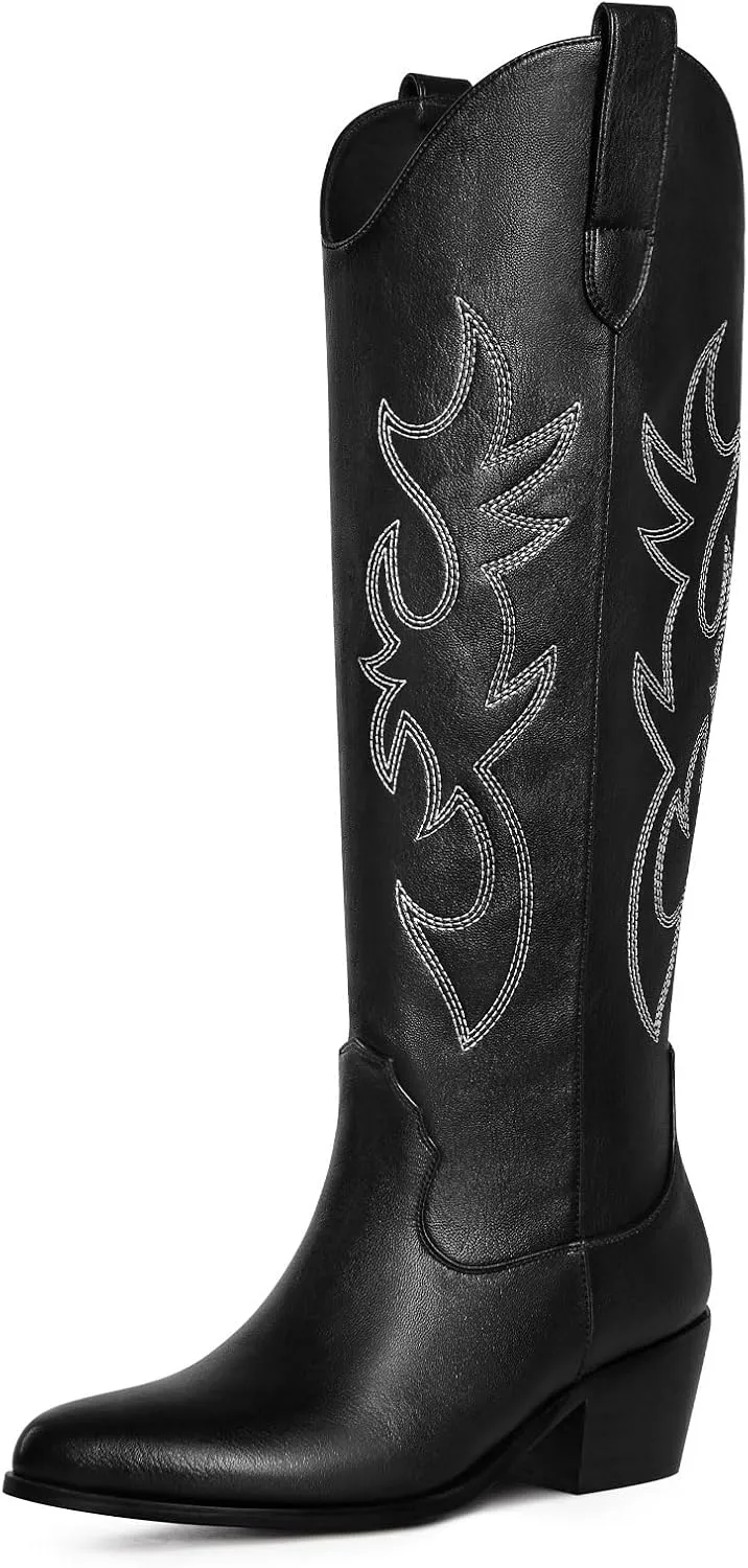 Ouepiano Cowboy Boots for Women Knee High Cowgirl Boots Embroidered Chunky Heels Pointed Toe Long Tall Western Boot Pull On