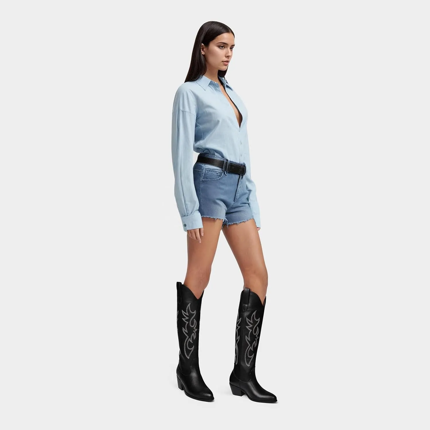 Ouepiano Cowboy Boots for Women Knee High Cowgirl Boots Embroidered Chunky Heels Pointed Toe Long Tall Western Boot Pull On