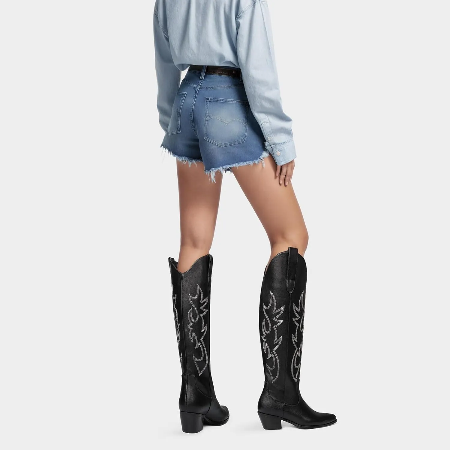 Ouepiano Cowboy Boots for Women Knee High Cowgirl Boots Embroidered Chunky Heels Pointed Toe Long Tall Western Boot Pull On