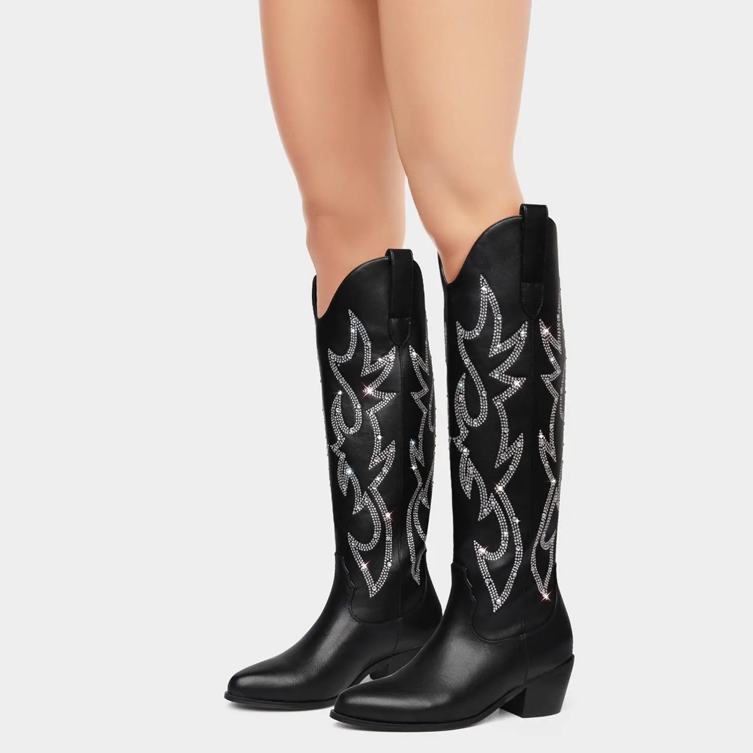 Ouepiano Cowboy Boots for Women Knee High Cowgirl Boots Embroidered Chunky Heels Pointed Toe Long Tall Western Boot Pull On