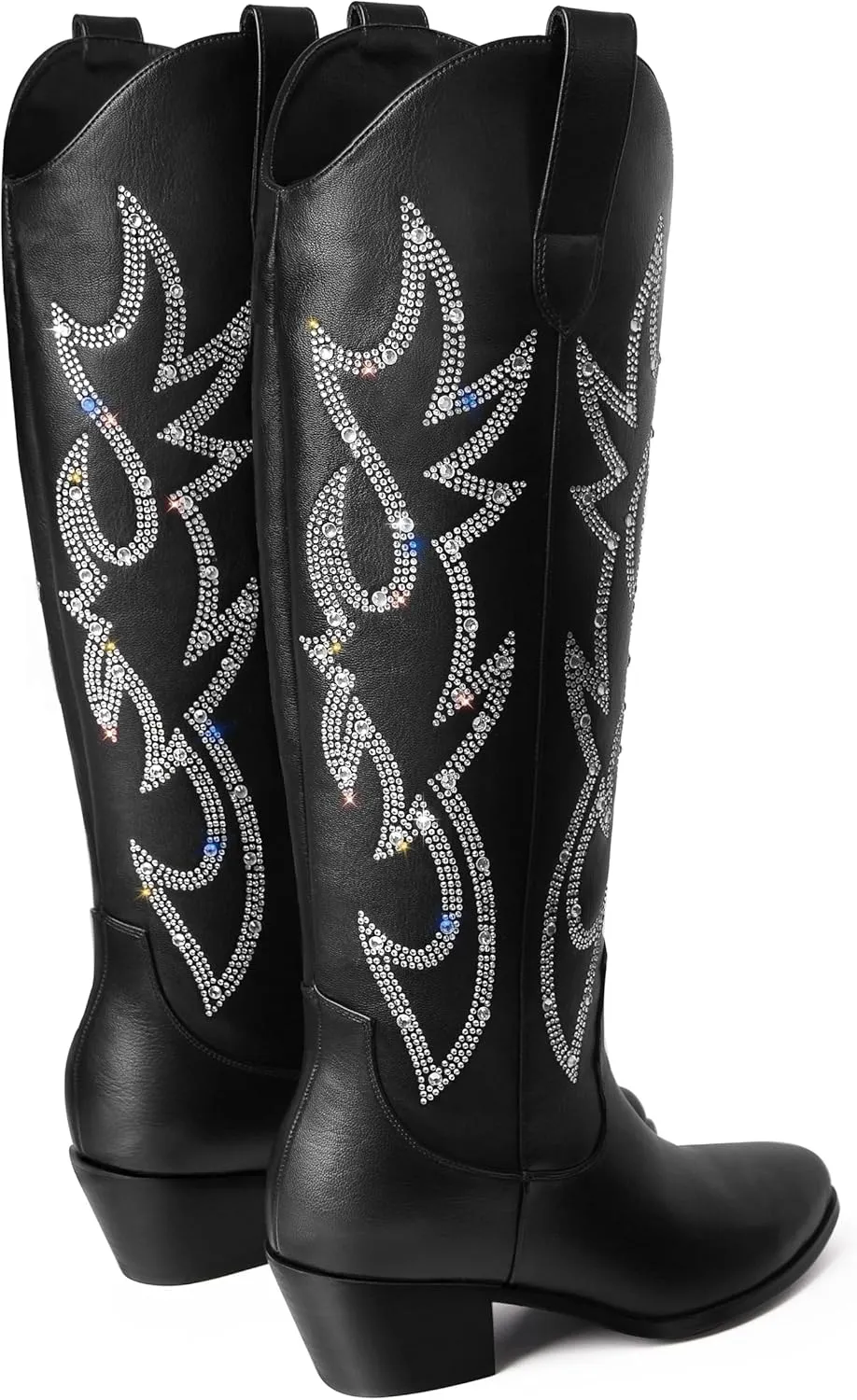 Ouepiano Cowboy Boots for Women Knee High Cowgirl Boots Embroidered Chunky Heels Pointed Toe Long Tall Western Boot Pull On