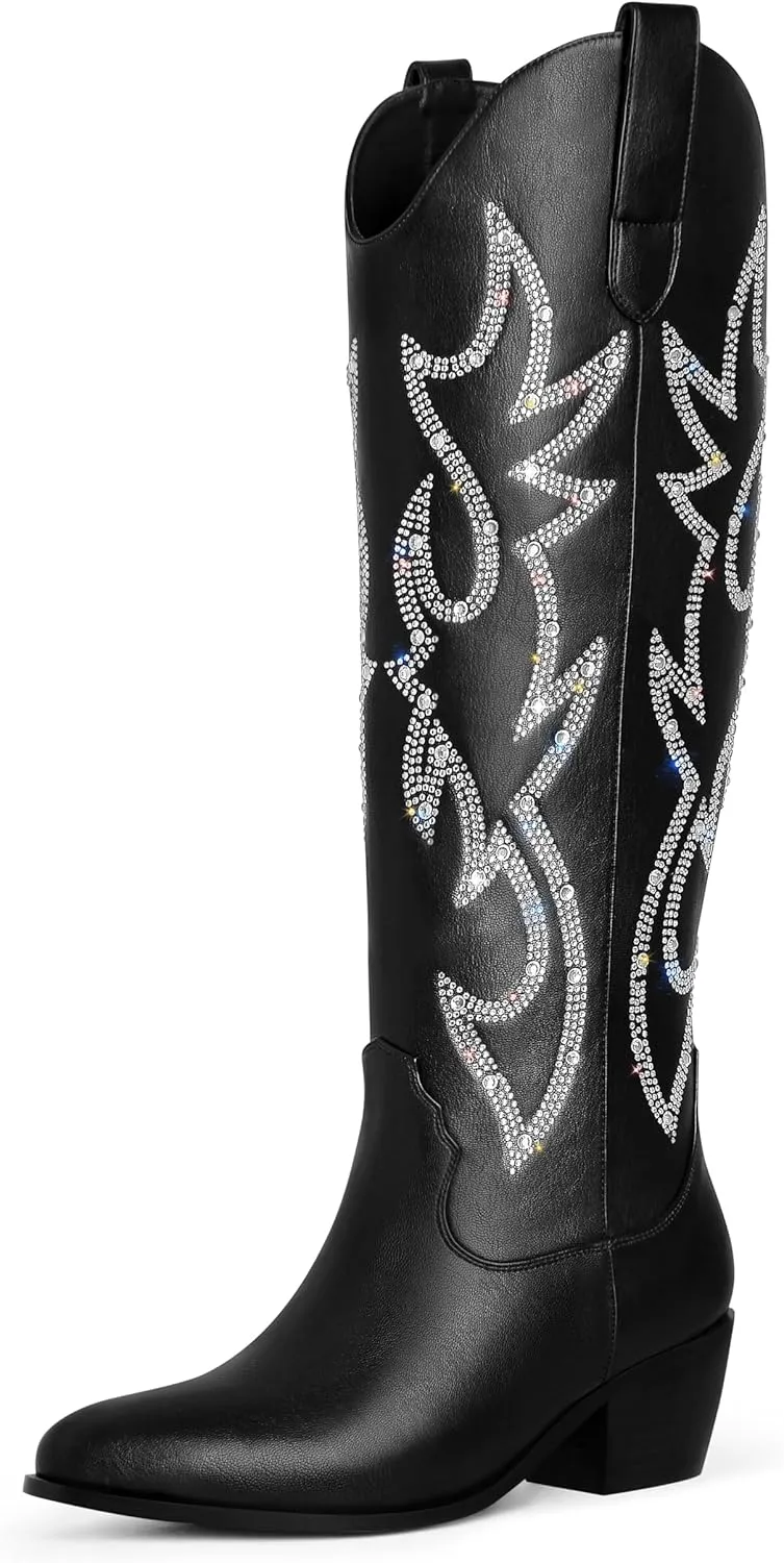 Ouepiano Cowboy Boots for Women Knee High Cowgirl Boots Embroidered Chunky Heels Pointed Toe Long Tall Western Boot Pull On