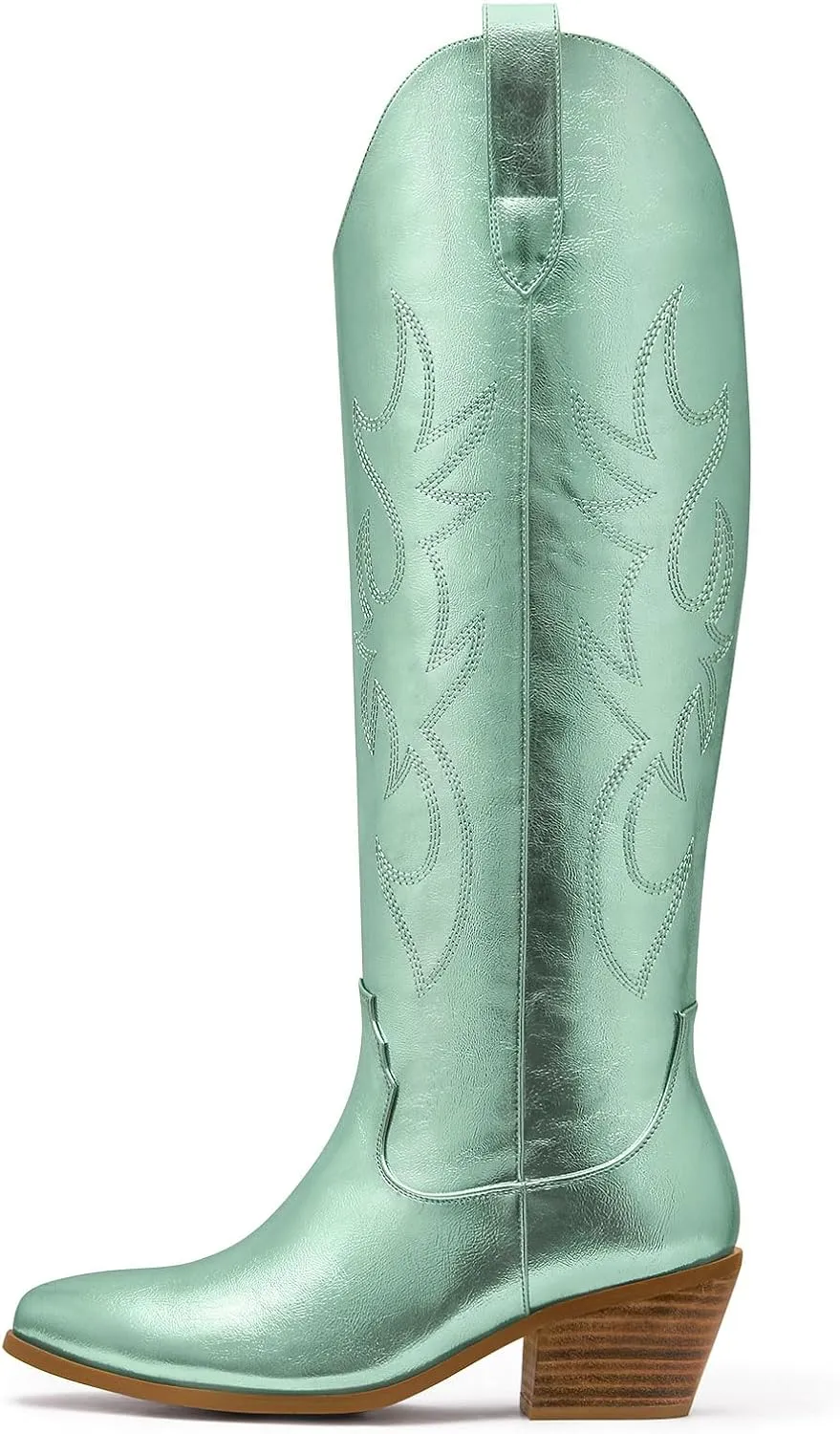 Ouepiano Cowboy Boots for Women Knee High Cowgirl Boots Embroidered Chunky Heels Pointed Toe Long Tall Western Boot Pull On