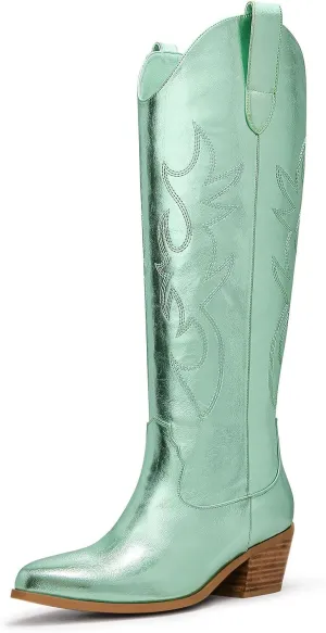 Ouepiano Cowboy Boots for Women Knee High Cowgirl Boots Embroidered Chunky Heels Pointed Toe Long Tall Western Boot Pull On