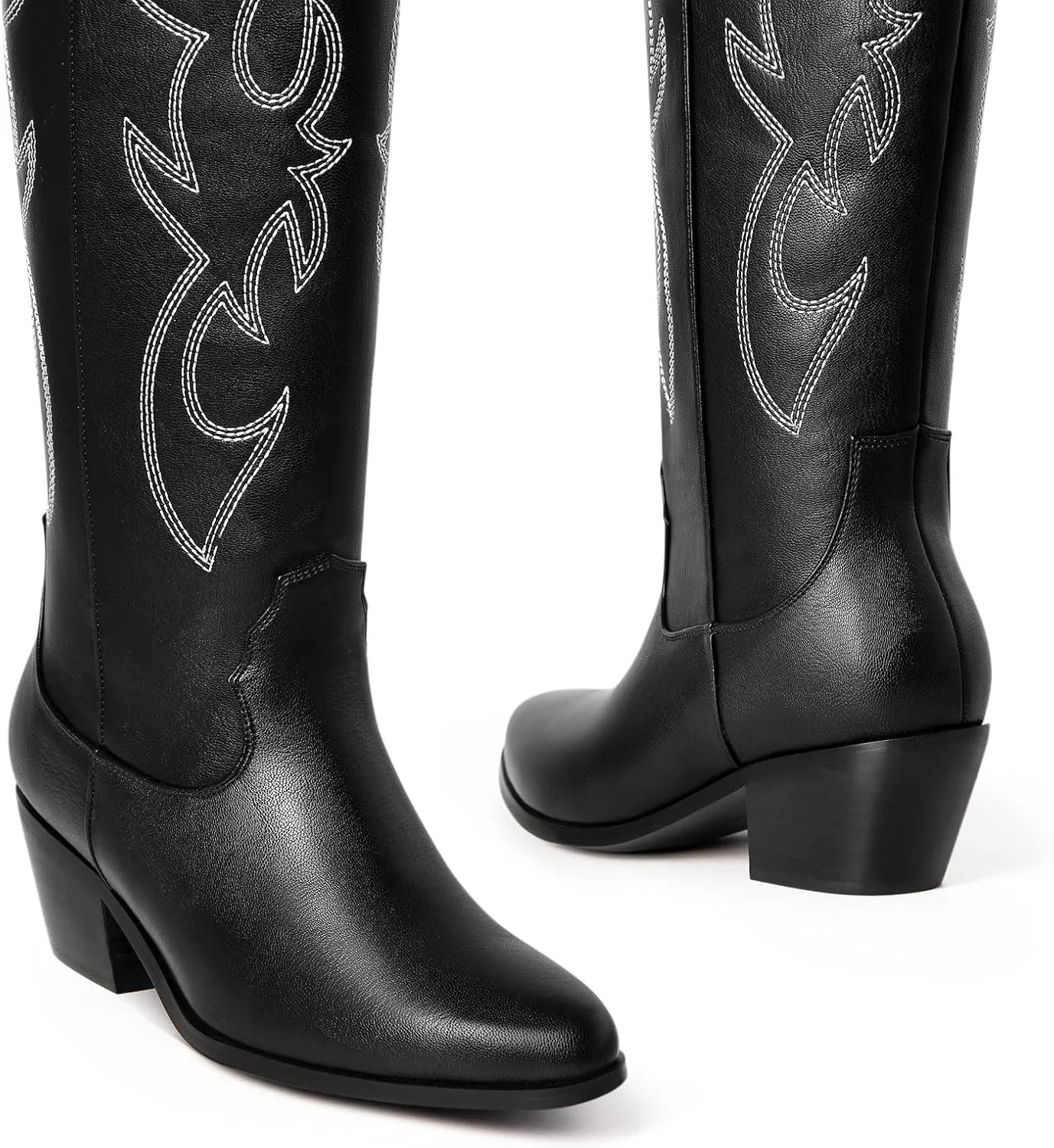 Ouepiano Cowboy Boots for Women Knee High Cowgirl Boots Embroidered Chunky Heels Pointed Toe Long Tall Western Boot Pull On