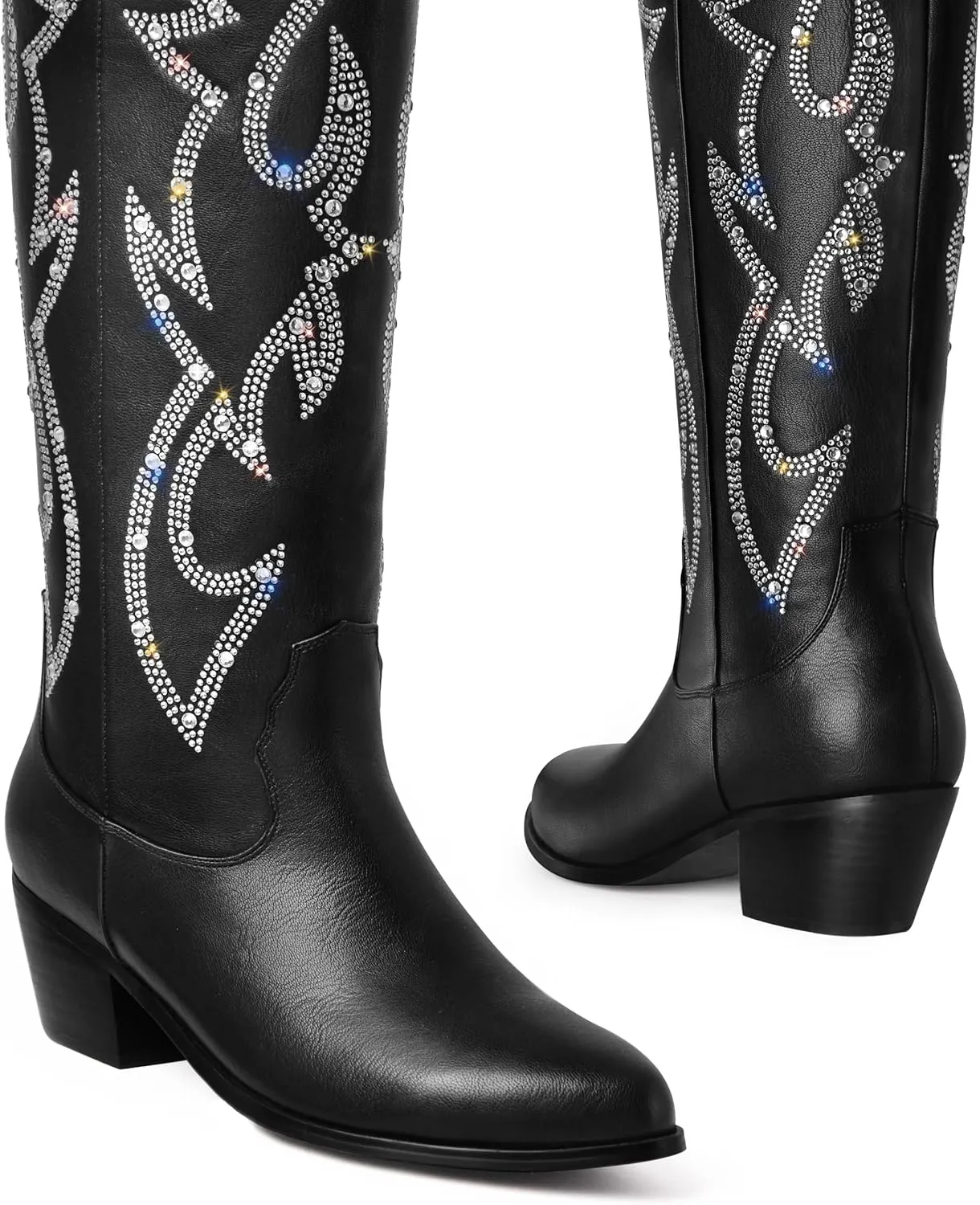 Ouepiano Cowboy Boots for Women Knee High Cowgirl Boots Embroidered Chunky Heels Pointed Toe Long Tall Western Boot Pull On