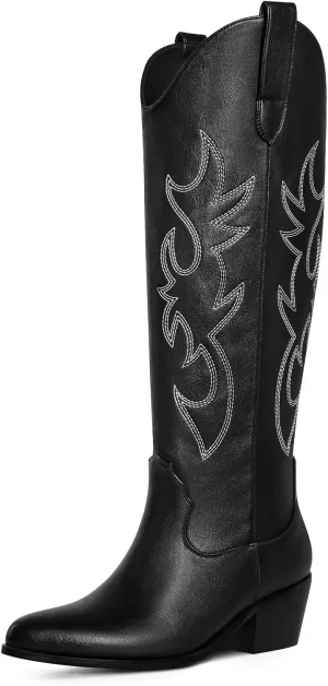 Ouepiano Cowboy Boots for Women Knee High Cowgirl Boots Embroidered Chunky Heels Pointed Toe Long Tall Western Boot Pull On