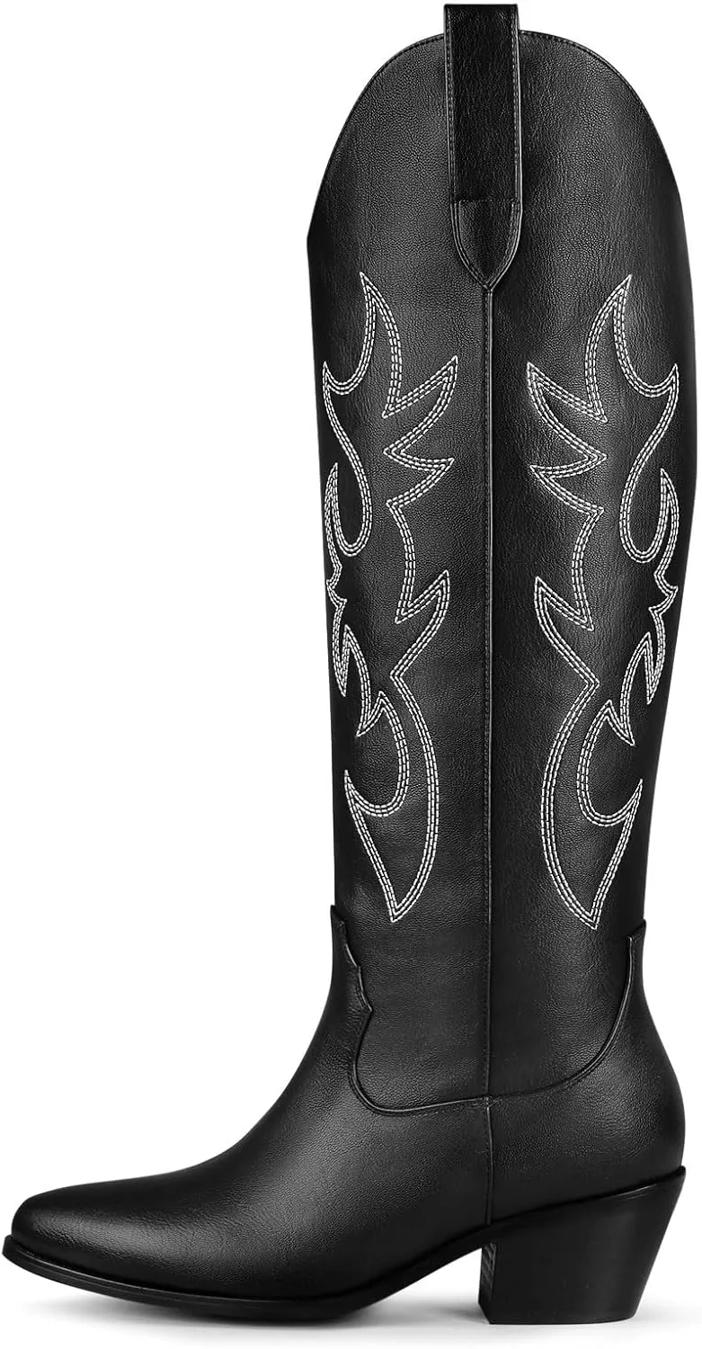 Ouepiano Cowboy Boots for Women Knee High Cowgirl Boots Embroidered Chunky Heels Pointed Toe Long Tall Western Boot Pull On