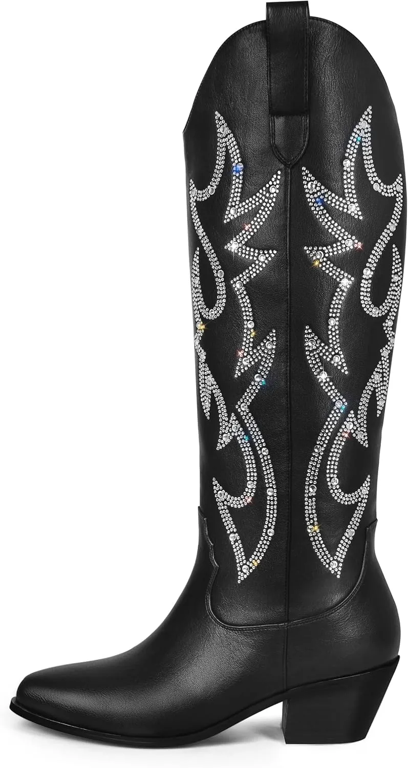 Ouepiano Cowboy Boots for Women Knee High Cowgirl Boots Embroidered Chunky Heels Pointed Toe Long Tall Western Boot Pull On