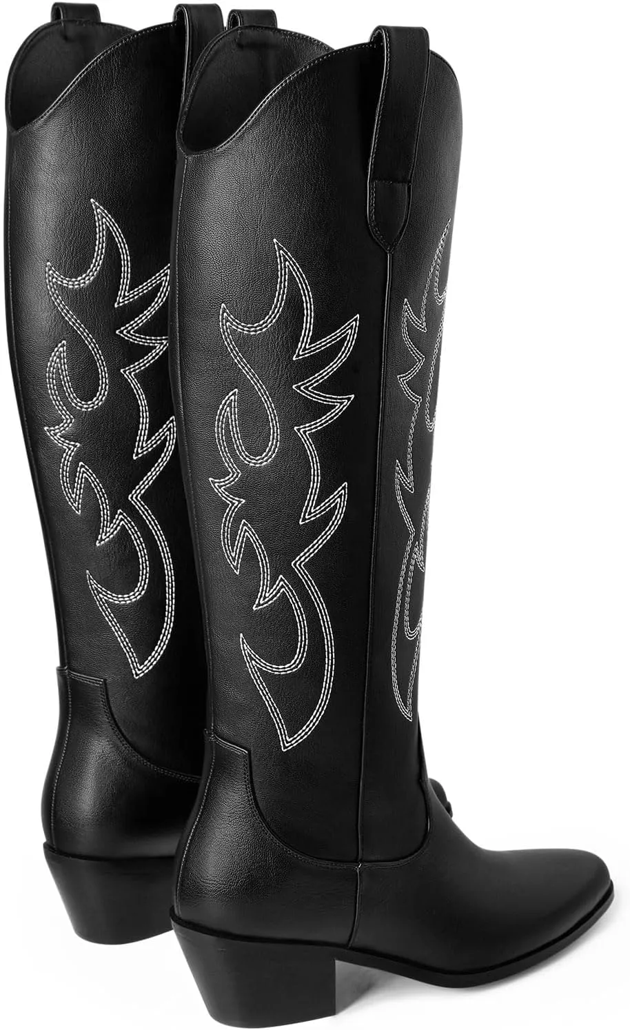 Ouepiano Cowboy Boots for Women Knee High Cowgirl Boots Embroidered Chunky Heels Pointed Toe Long Tall Western Boot Pull On