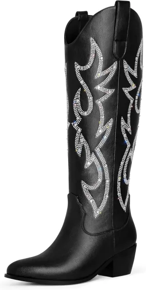 Ouepiano Cowboy Boots for Women Knee High Cowgirl Boots Embroidered Chunky Heels Pointed Toe Long Tall Western Boot Pull On
