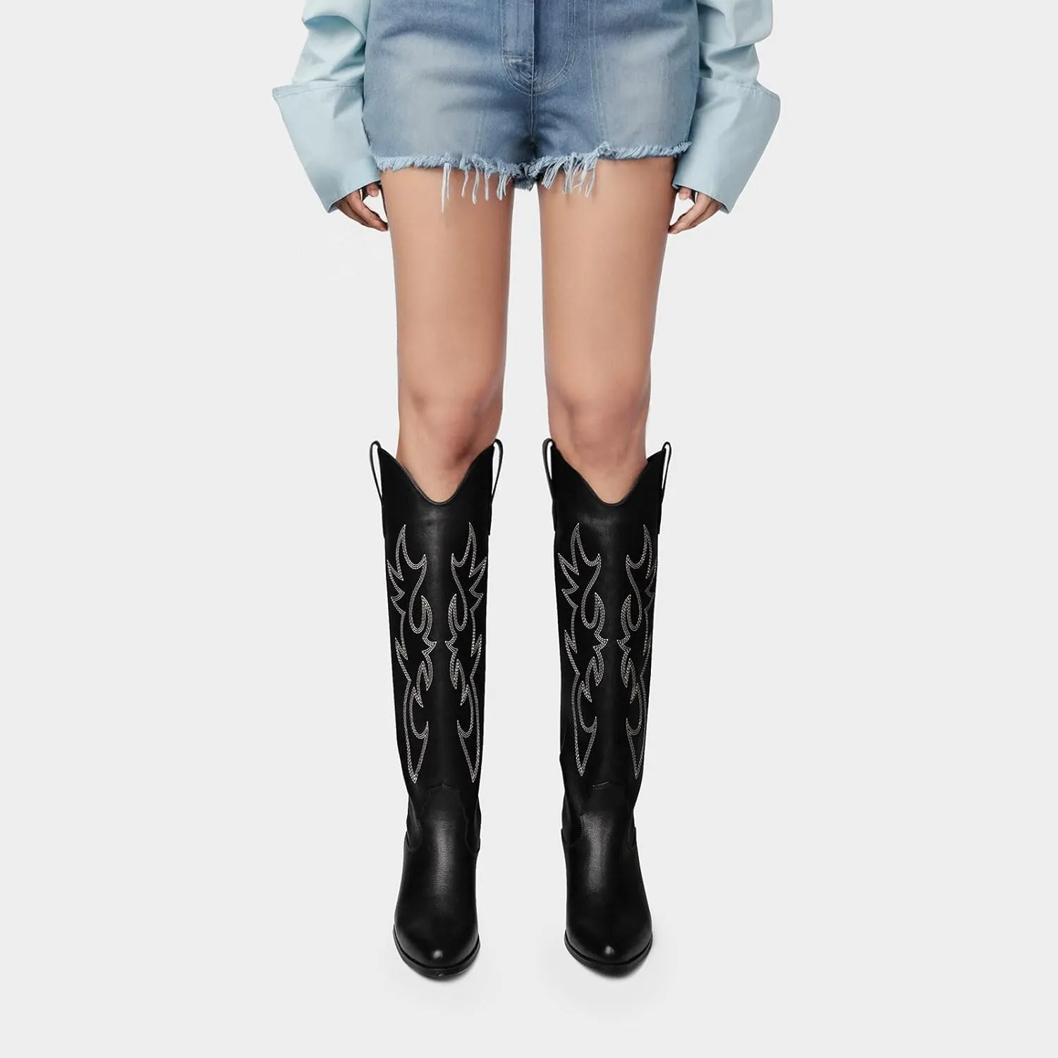 Ouepiano Cowboy Boots for Women Knee High Cowgirl Boots Embroidered Chunky Heels Pointed Toe Long Tall Western Boot Pull On