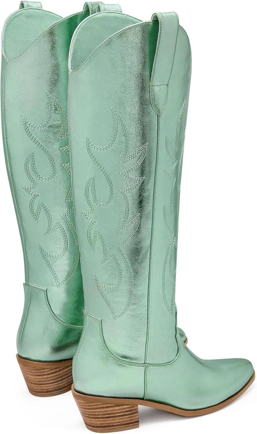 Ouepiano Cowboy Boots for Women Knee High Cowgirl Boots Embroidered Chunky Heels Pointed Toe Long Tall Western Boot Pull On