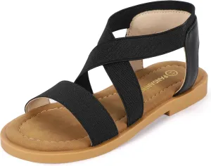 PANDANINJIA Girls Sandals Slip-on Elastic Ankle Cross Strappy Gladiator Dress Sandals Flats Summer Shoes Little Big Kids Sandals