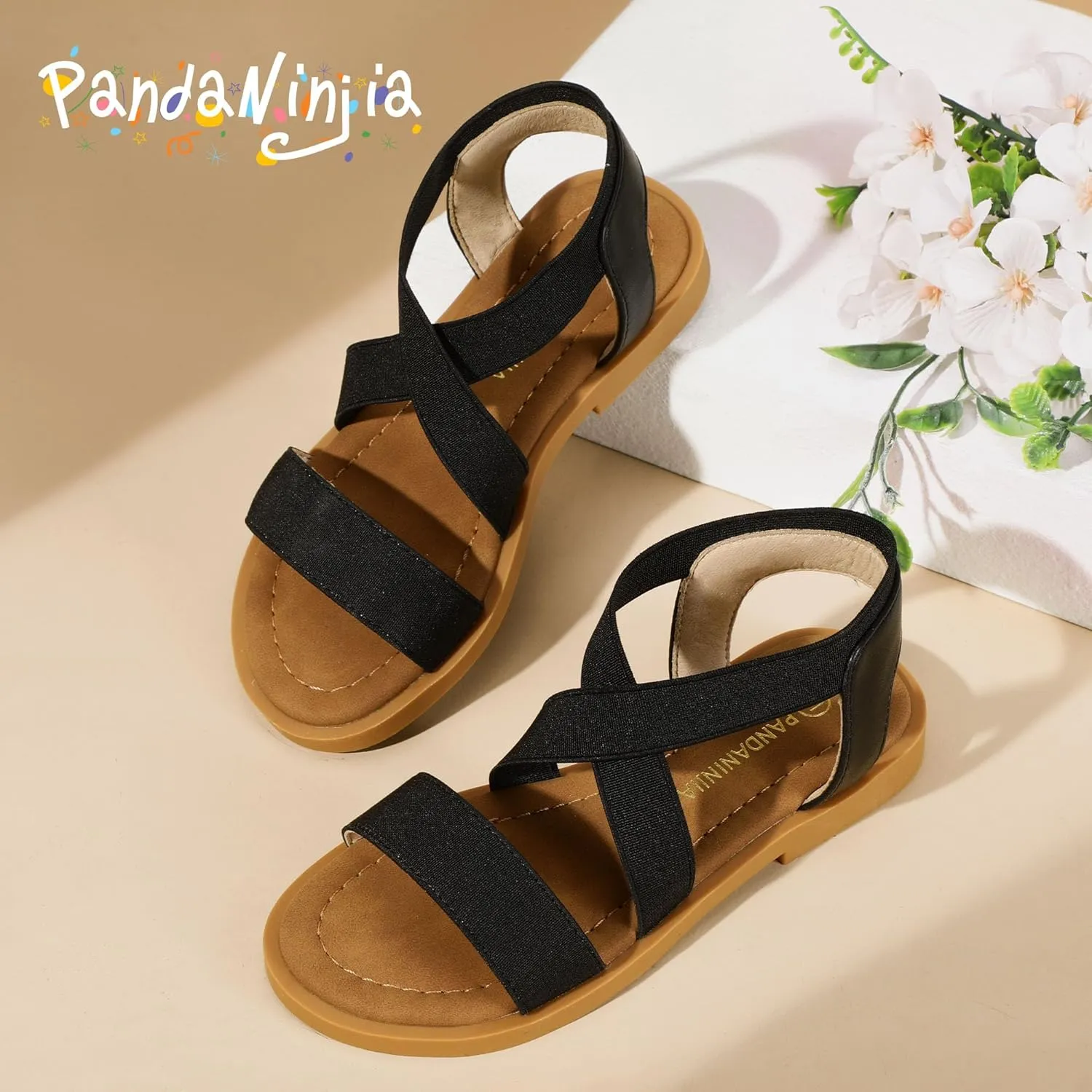PANDANINJIA Girls Sandals Slip-on Elastic Ankle Cross Strappy Gladiator Dress Sandals Flats Summer Shoes Little Big Kids Sandals