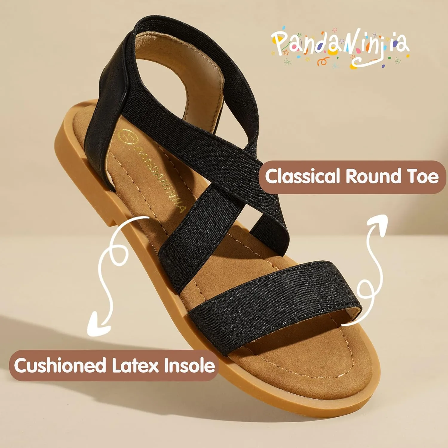 PANDANINJIA Girls Sandals Slip-on Elastic Ankle Cross Strappy Gladiator Dress Sandals Flats Summer Shoes Little Big Kids Sandals