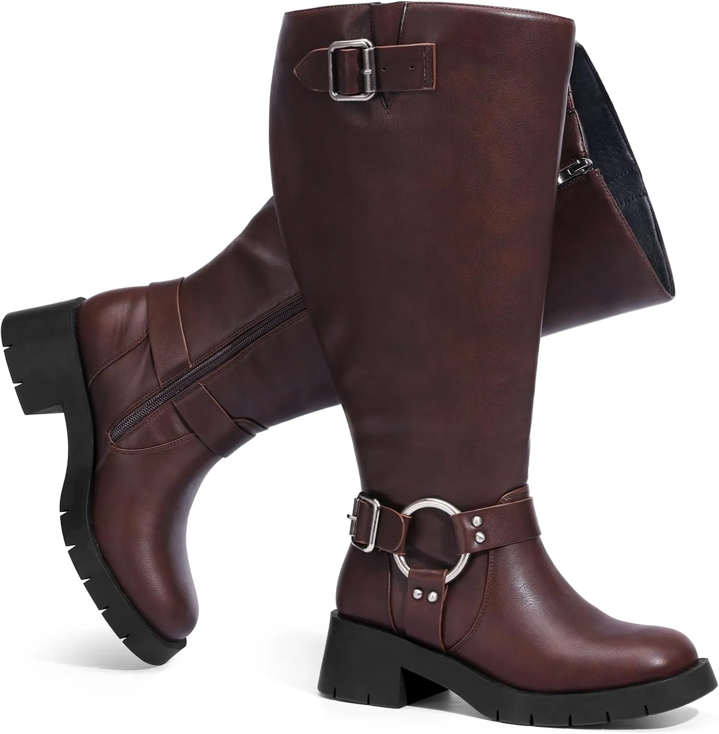 Pasuot Extra Wide Calf Boots for Women - Knee High Square Toe Wide Width Platform Plus Size Tall Boots with Side Zip, Elastic bands Buckle Chunky Heel Wide Leg Fashion Motorcycle Boot for Spring Fall