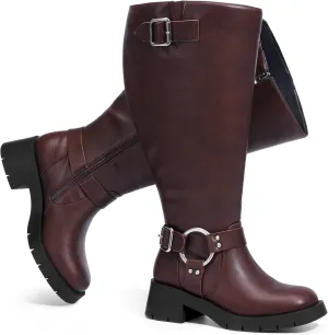 Pasuot Extra Wide Calf Boots for Women - Knee High Square Toe Wide Width Platform Plus Size Tall Boots with Side Zip, Elastic bands Buckle Chunky Heel Wide Leg Fashion Motorcycle Boot for Spring Fall