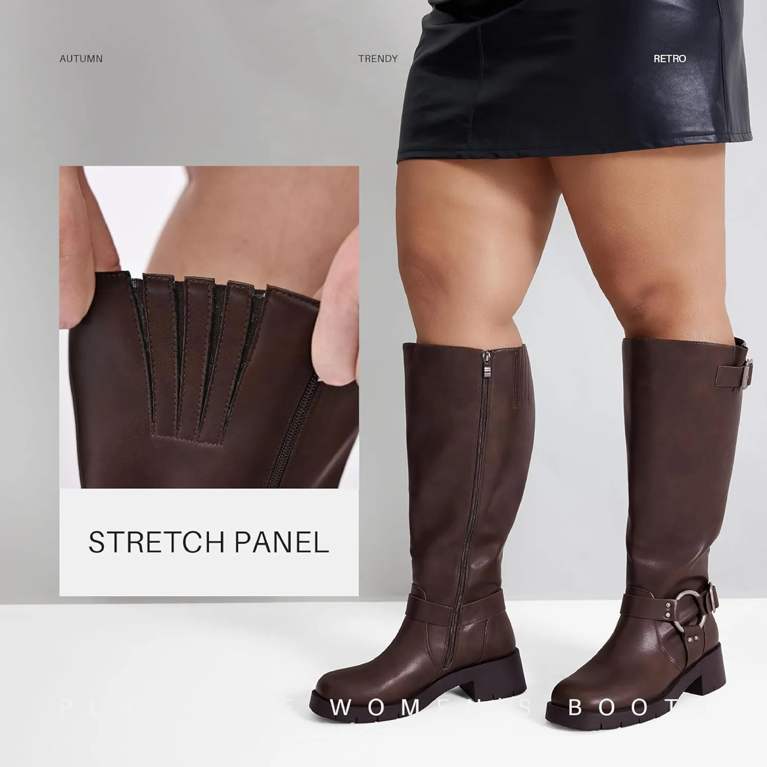 Pasuot Extra Wide Calf Boots for Women - Knee High Square Toe Wide Width Platform Plus Size Tall Boots with Side Zip, Elastic bands Buckle Chunky Heel Wide Leg Fashion Motorcycle Boot for Spring Fall