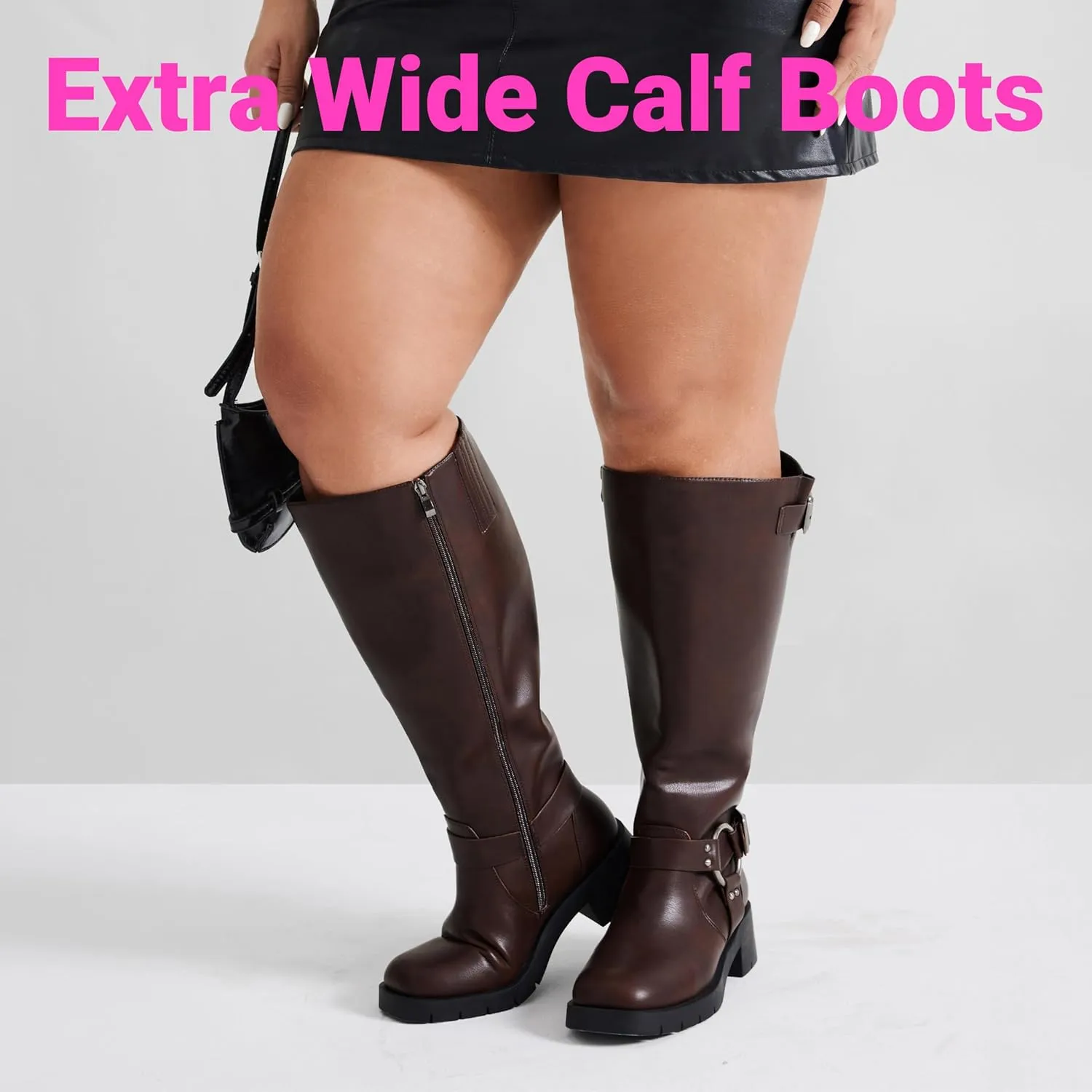 Pasuot Extra Wide Calf Boots for Women - Knee High Square Toe Wide Width Platform Plus Size Tall Boots with Side Zip, Elastic bands Buckle Chunky Heel Wide Leg Fashion Motorcycle Boot for Spring Fall
