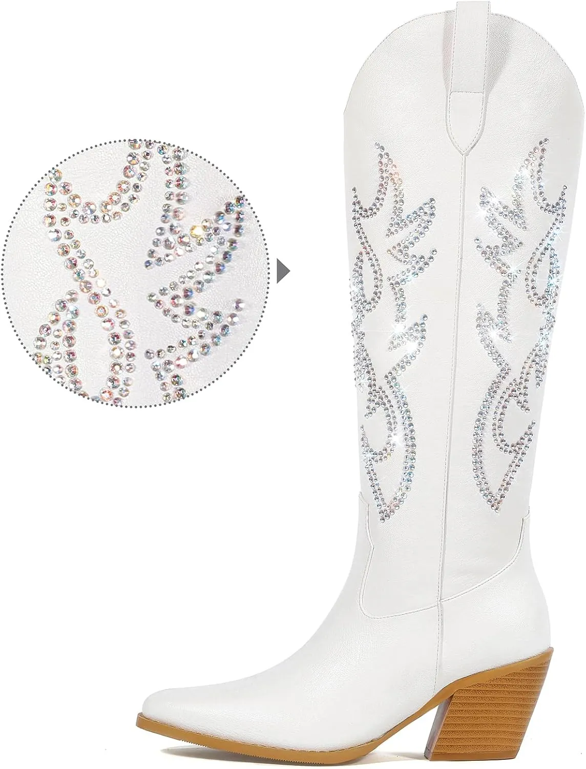 Pasuot Western Cowboy Boots for Women - Knee High Wide Calf Cowgirl Boots with Classic Embroidered, Slip On Pointed Toe Chunky Heel Fashion Retro Classic Pull On Tall Boot for Girls Ladies Fall Winter