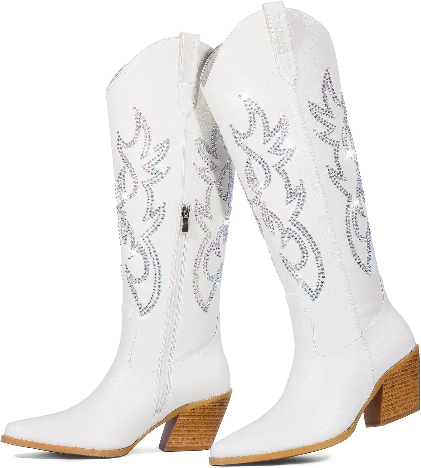 Pasuot Western Cowboy Boots for Women - Knee High Wide Calf Cowgirl Boots with Classic Embroidered, Slip On Pointed Toe Chunky Heel Fashion Retro Classic Pull On Tall Boot for Girls Ladies Fall Winter