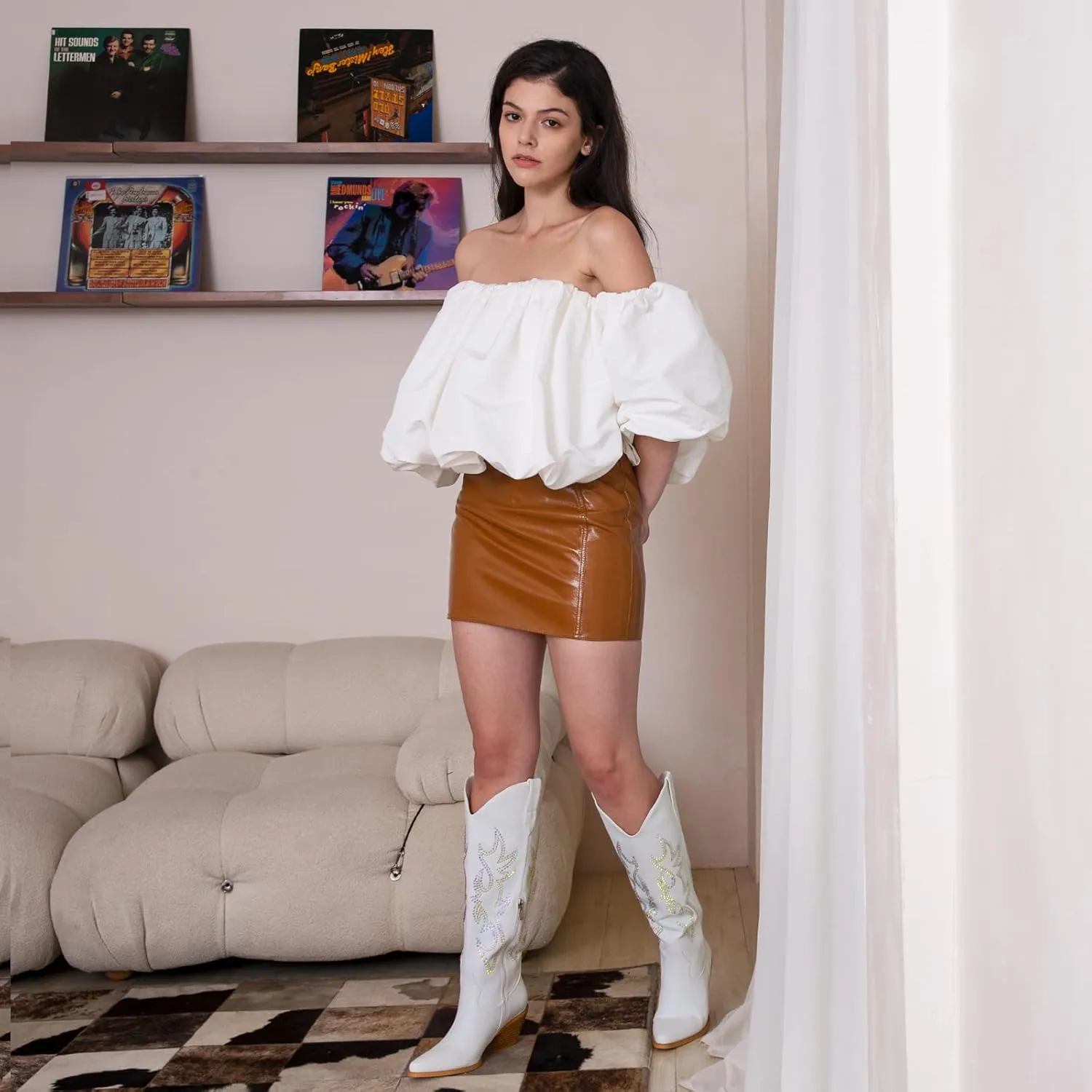 Pasuot Western Cowboy Boots for Women - Knee High Wide Calf Cowgirl Boots with Classic Embroidered, Slip On Pointed Toe Chunky Heel Fashion Retro Classic Pull On Tall Boot for Girls Ladies Fall Winter