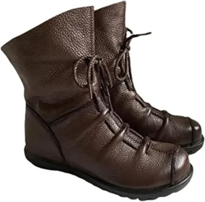 pearlzone Women’s Genuine Leather Casual Soft Flat Boots,Renaissance Natural Leather Handmade Historical Shoes