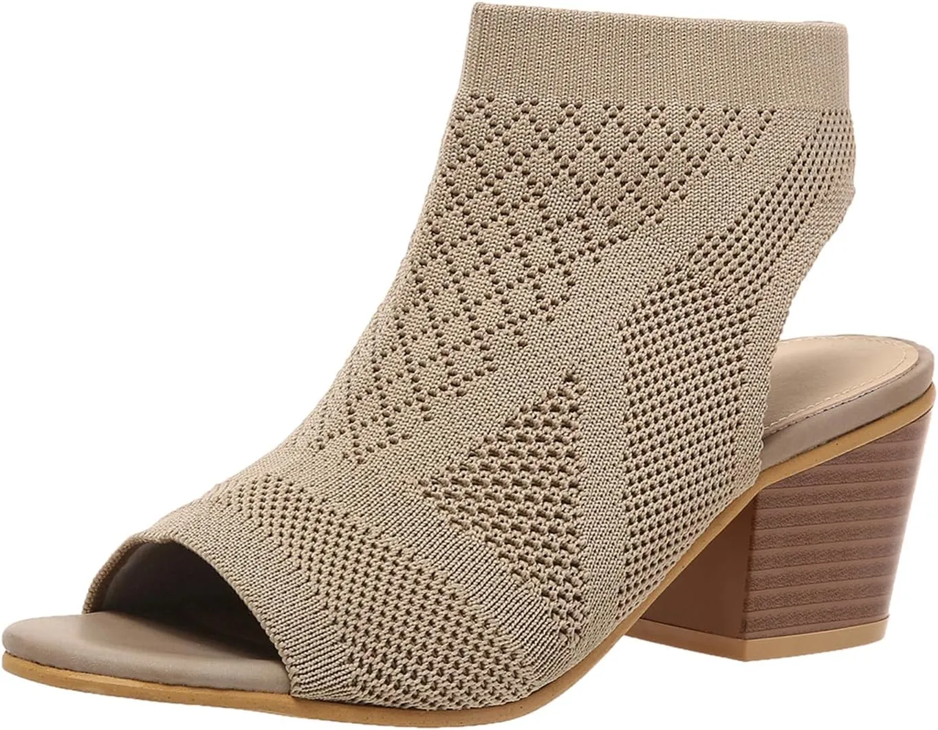 Peep Toe Booties for Women Open Toe Heeled Sandals Knit Cutout Chunky Block Heel Breathable Fashion Shoes US5-11