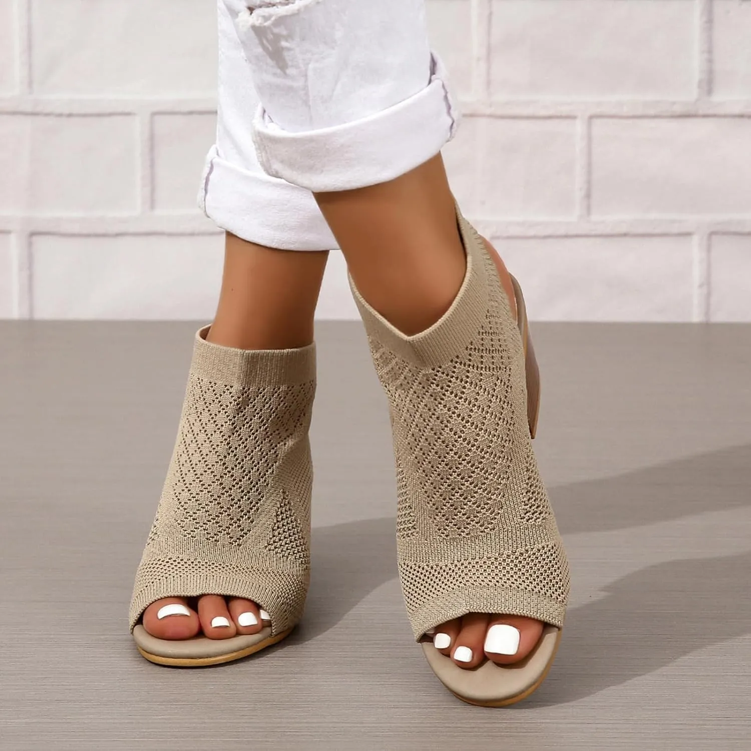 Peep Toe Booties for Women Open Toe Heeled Sandals Knit Cutout Chunky Block Heel Breathable Fashion Shoes US5-11